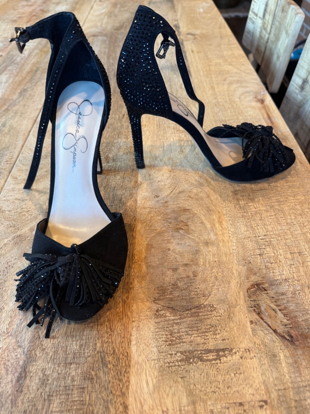 Jessica Simpson Black Crystal-Embellished Open-Toe Stiletto Heels
